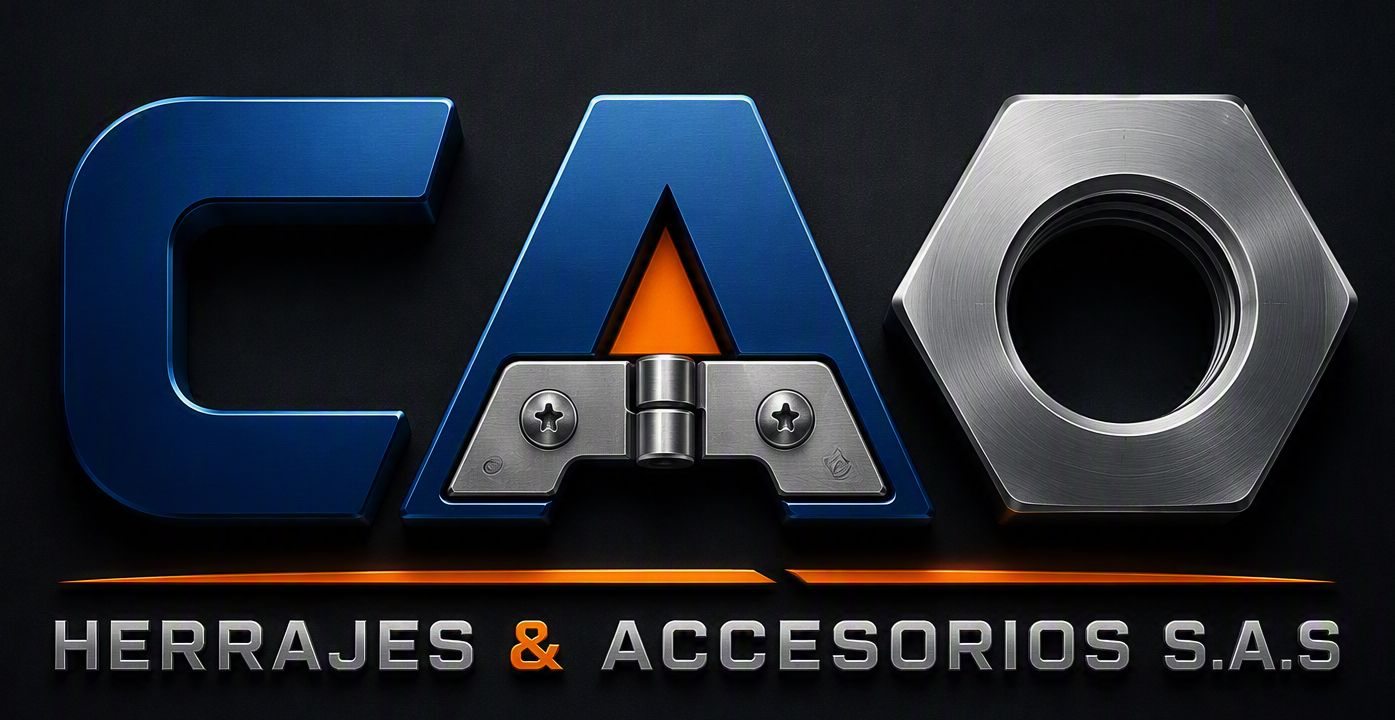 Logo de CAO Herrajes & Accesorios S.A.S. con una bisagra y una tuerca de acero